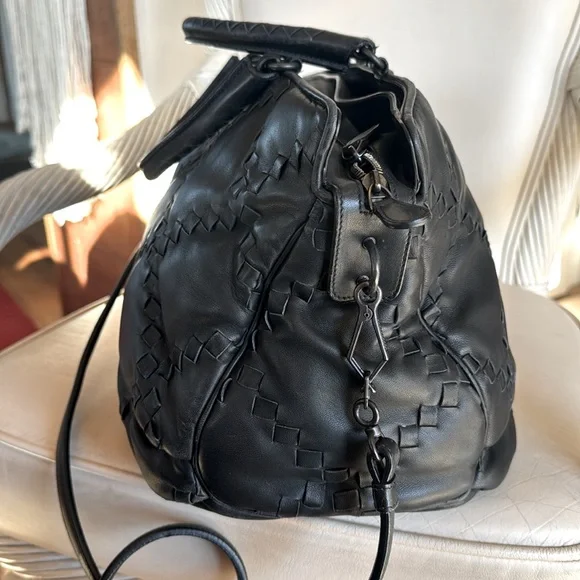 BOTTEGA VENETA Padded Black Intrecciato-Trimmed Leather Satchel. RT $ 3998. - Picture 3 of 16